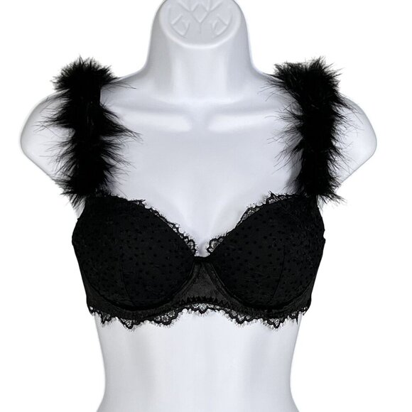 Victorias Secret NWT Demi Bra 32D Black Faux Fur & Solid Straps Sexy Coquette - Picture 1 of 14